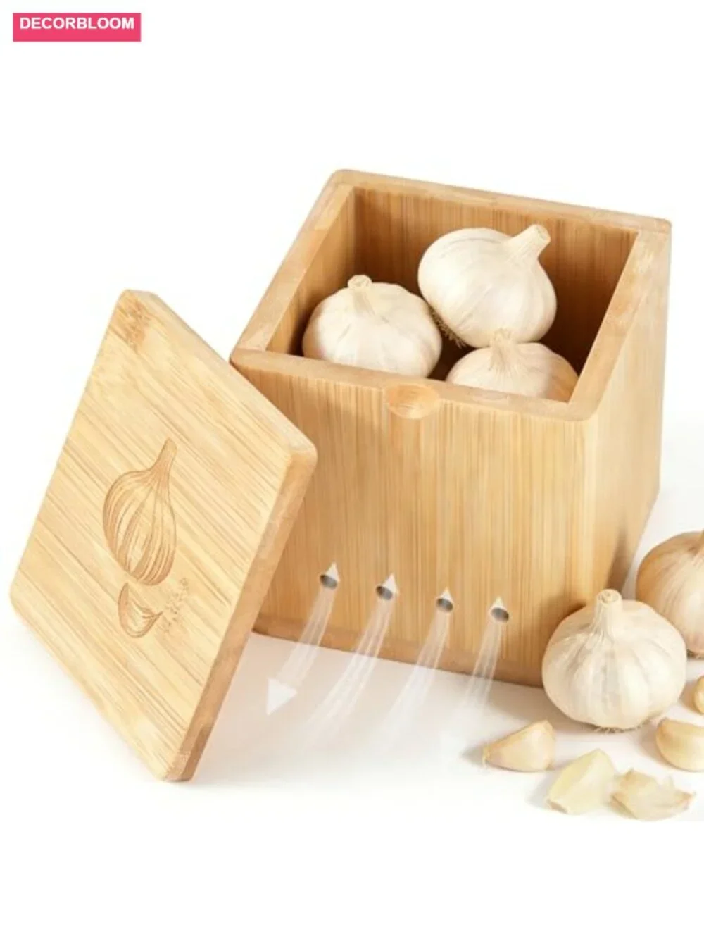 Bamboo Garlic Keeper Large Counter Storage with Lid